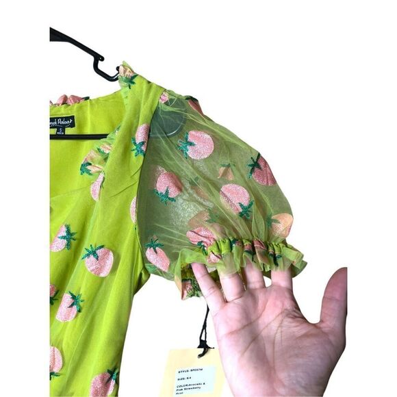 Unique Vintage Smak Parlour Avocado & Pink Strawberry Print Woodstock Flare Dres - Picture 5 of 9